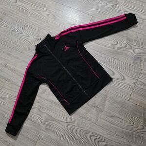 Adidas Girls Full-Zip Track Jacket - Black with Pink Stripes - Size 5